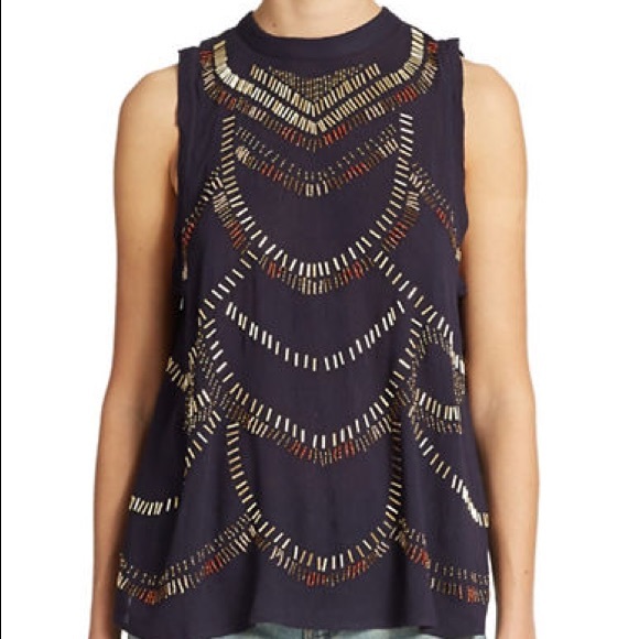 Free People Navy Blue Sleeveless Gauze Top with Beadwork and Open Back - Picture 3 of 8